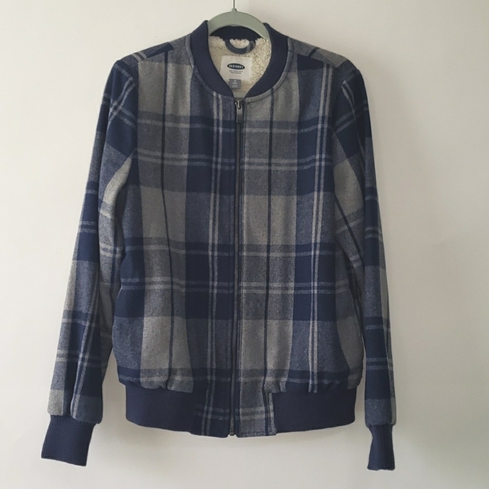 Old Navy Wool Blend Bomber Jacket Plaid Womens Medium Tall Blue Gray
